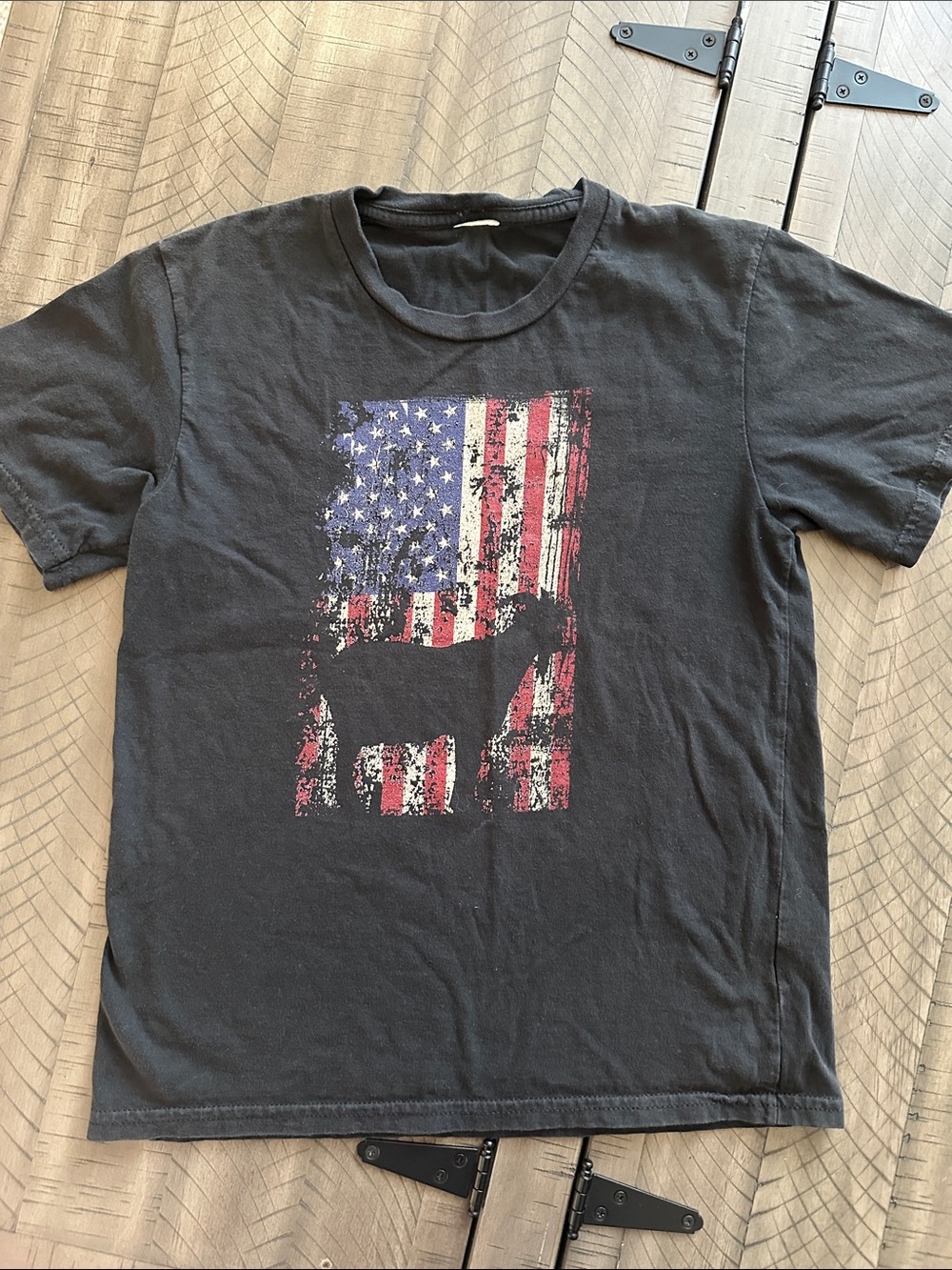 GOAT USA Black Short Sleeve Tee with Distressed American Flag - Picture 4 of 6